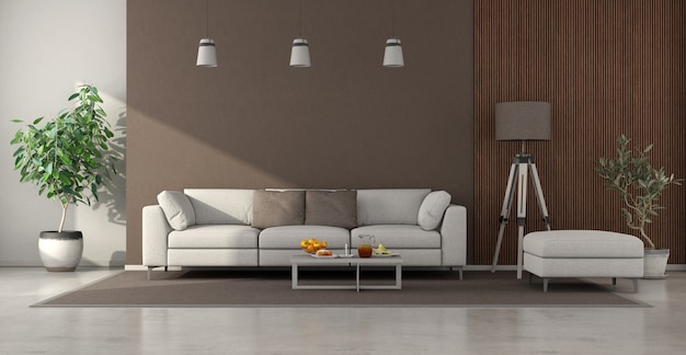 Minimalistisches Wohnzimmer mit Sofa und Holztafel. 3D-Rendering