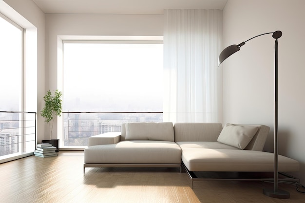 Minimalistisches Wohnzimmer mit Stehlampen-Couchtisch und Fensterblick