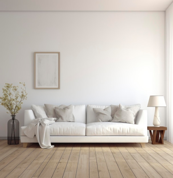 Minimalistisches Wohnzimmerinterieur mit beigem Sofa und weißer Wand