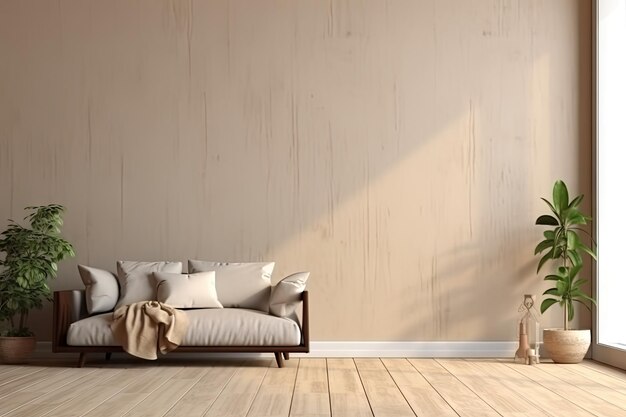 Minimalistisches Wohnzimmerinterieur mit Holzbodendekor auf einer großen Wand Generative ai