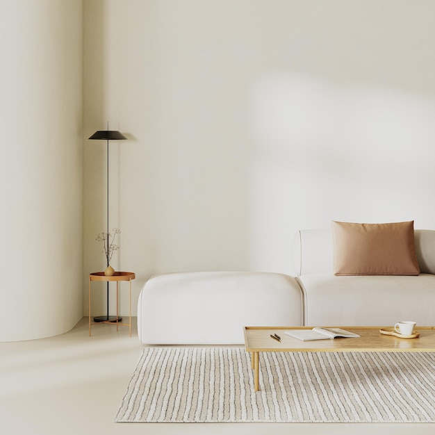 Foto minimalistisches wohnzimmerinterieur mit kurvigen wandsofa mit kissen und beige pflaster wände kaffeetisch auf teppichbodenlampe innenmodell 3d-rendering