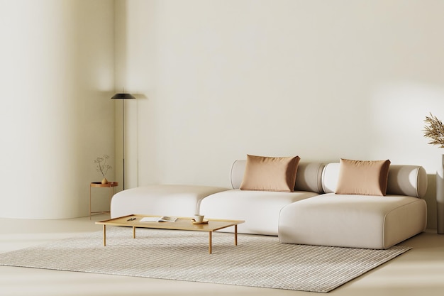 Foto minimalistisches wohnzimmerinterieur mit kurvigen wandsofa mit kissen und beige pflaster wände kaffeetisch auf teppichbodenlampe innenmodell 3d-rendering