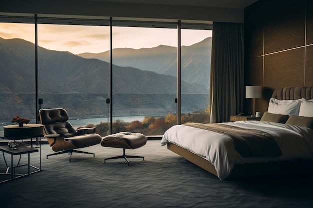 Minimalistisches zeitgenössisches Hotelzimmer mit Bergblick