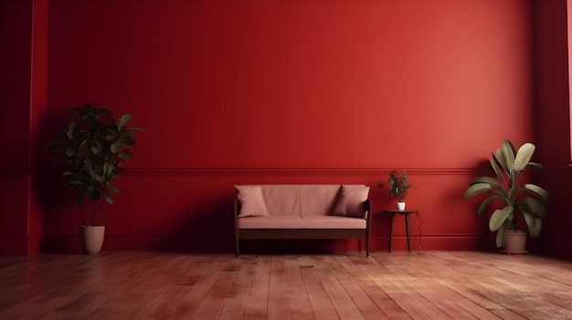 Minimalistisches Zimmer mit roter Wand und Holzboden