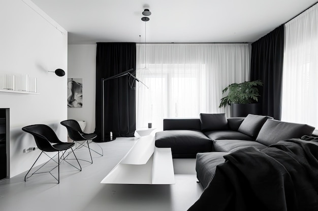 Minimalistisches Zuhause mit schwarzen und weißen Akzenten, eleganten Möbeln und natürlichem Licht