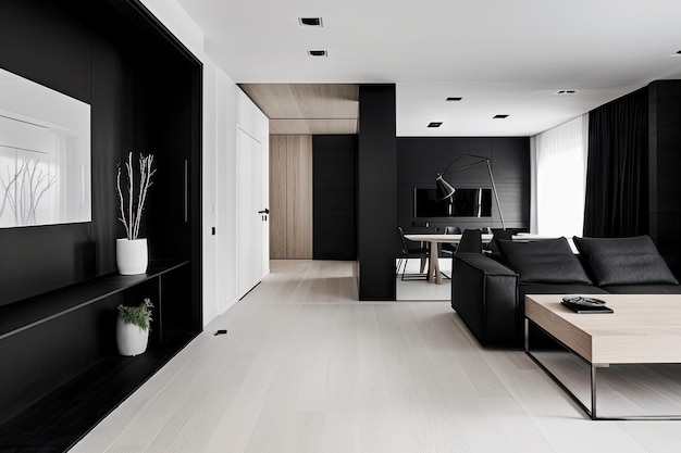 Minimalistisches Zuhause mit schwarzen und weißen Akzenten, eleganten Möbeln und natürlichem Licht