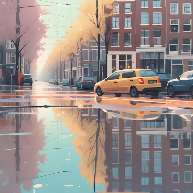 Minimalkunst mit weichen Farben über In Center of the RoadAmsterdamNetherlandsReflecting from wet