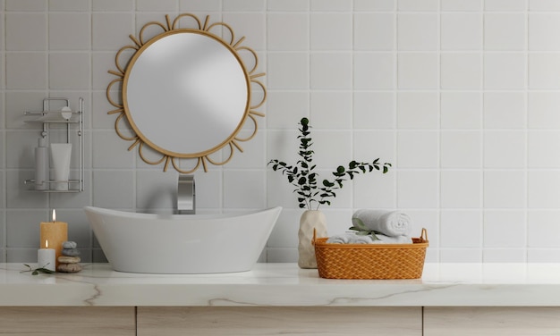 Minimalstil weißes Badezimmer 3D-Rendering weiße Wand und Spiegel Der Raum hat große Fenster 3D-Rendering