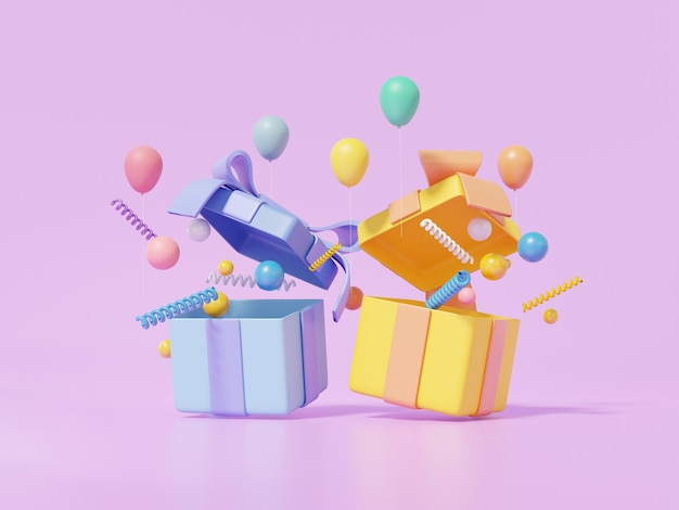 Mínimo abierto dos caja de regalo colorido y globo flotando sobre fondo púrpura lindo suave celebrar feliz cumpleaños confeti concepto 3d render ilustración