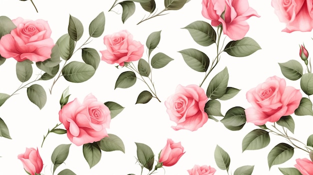 Mínimo rosa rosa pequeñas flores y patrón de hojas sobre fondo blanco.