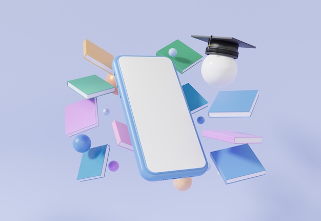 Mínimo teléfono inteligente de dibujos animados pantalla blanca en blanco gorra de graduación y aprendizaje de libros en línea Concepto de educación fondo pastel banner sitio web aplicación plantilla página 3d render