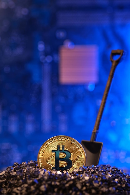 Mining von bitcoin-kryptowährung auf der leiterplatte.virtuelles geld.blockchain-technologie.mining-konzept
