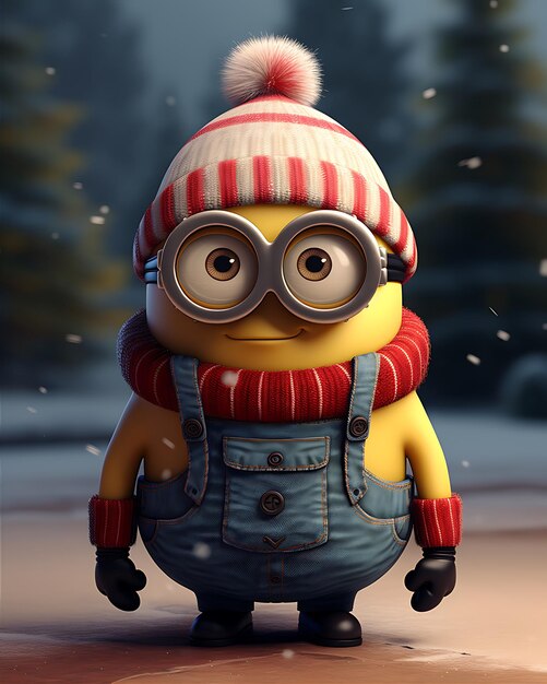 Foto minion bonito em jeans e chapéu de natal