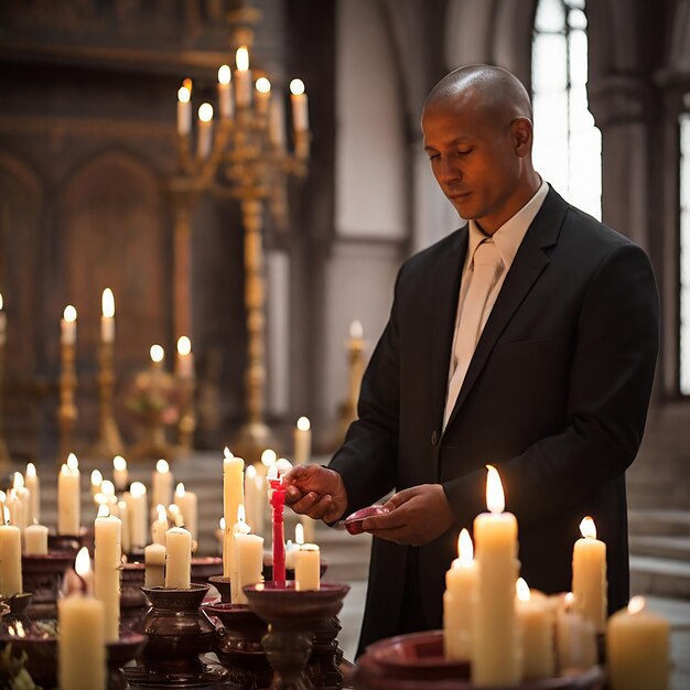 Foto el ministro de la iglesia sostiene velas sostiene un ritual en el servicio del templo en las velas del templo