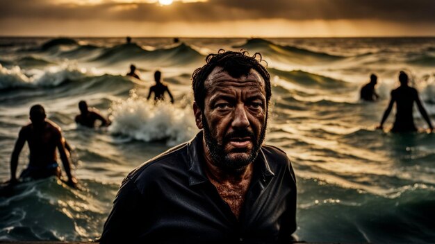 Foto ministro republicano italiano entre migrantes africanos perdidos en una peligrosa tormenta en el mar mediterráneo