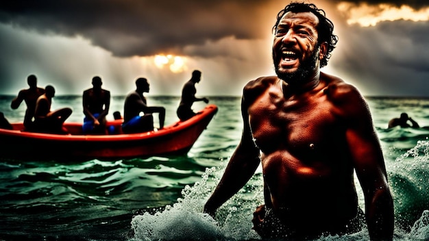 Foto ministro republicano italiano entre migrantes africanos perdidos en una peligrosa tormenta en el mar mediterráneo