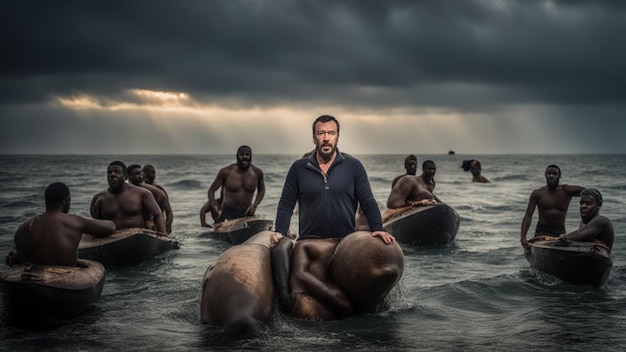 Foto ministro republicano italiano entre migrantes africanos perdidos en una peligrosa tormenta en el mar mediterráneo