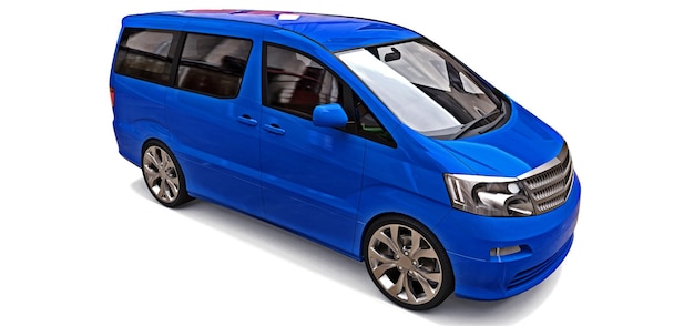 Minivan azul para transporte de pessoas, renderização em 3D