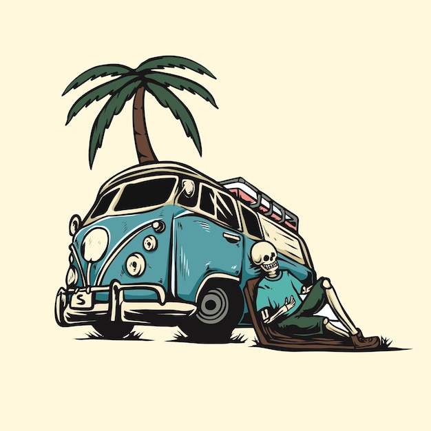 Minivan handgezeichnete Illustration Hippie-Bus mit Totenkopf Sommerurlaub