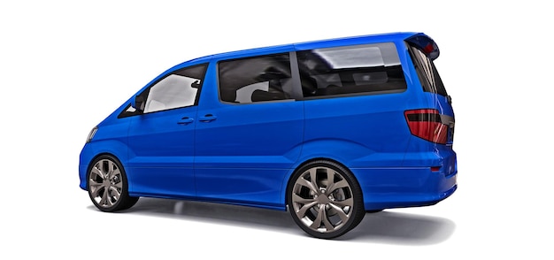 Foto minivan pequeña azul para transporte de personas. ilustración tridimensional sobre un fondo gris brillante. representación 3d.