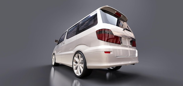 Minivan pequeña blanca para el transporte de personas renderizado 3d de fondo gris brillante