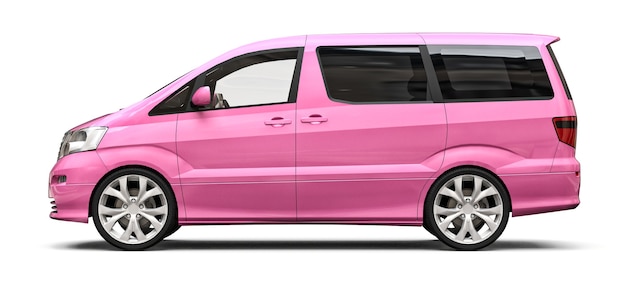 Minivan pequeña rosa para el transporte de personas. Ilustración tridimensional sobre un fondo blanco brillante. representación 3d