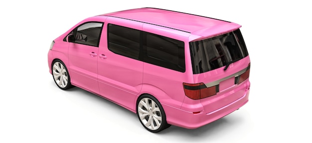 Minivan pequeña rosa para transporte de personas. Ilustración tridimensional sobre un fondo blanco brillante. Representación 3D.