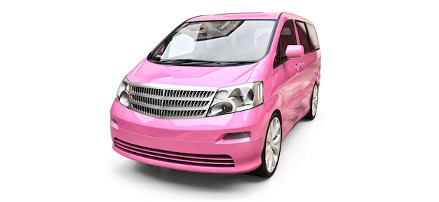 Minivan pequeña rosa para el transporte de personas. Ilustración tridimensional sobre un fondo blanco brillante. representación 3d