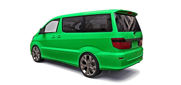 Minivan pequeña verde para el transporte de personas. Ilustración tridimensional sobre un fondo blanco. representación 3d