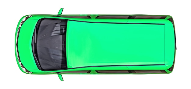 Minivan pequeña verde para transporte de personas. Ilustración tridimensional sobre un fondo blanco. Representación 3D.