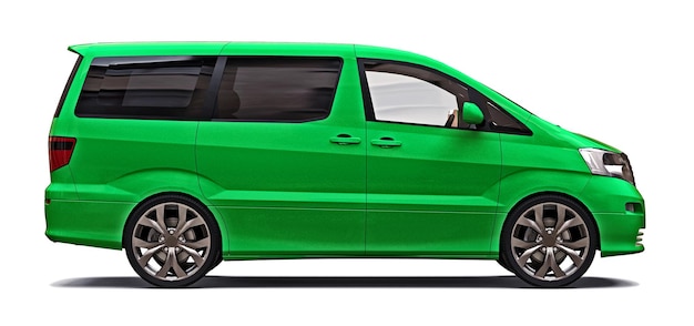 Minivan pequeña verde para el transporte de personas sobre una representación 3d de fondo blanco