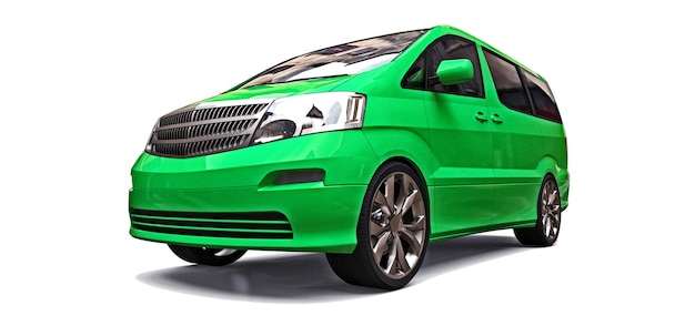 Minivan pequeña verde para el transporte de personas sobre una representación 3d de fondo blanco