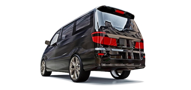 Minivan pequeño negro para el transporte de personas. Ilustración tridimensional sobre un fondo gris brillante. representación 3d