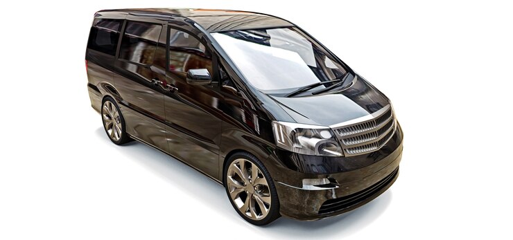 Minivan pequeño negro para el transporte de personas. Ilustración tridimensional sobre un fondo gris brillante. representación 3d