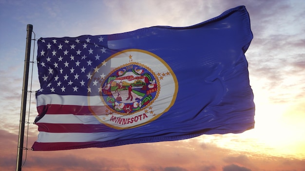 Minnesota und USA Flagge am Fahnenmast. USA und Minnesota gemischte Flagge, die im Wind weht