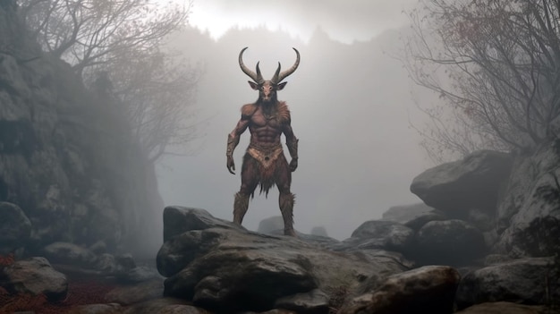El Minotauro, mitad hombre, mitad toro, se para sobre una roca en una postura agresiva AI Generative