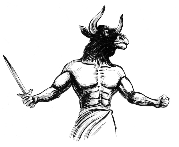 Minotauro mitológico com uma espada. Desenho de tinta preto e branco
