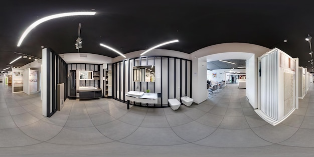 MINSK BIELORRÚSSIA JUNHO 2017 panorama vista de ângulo 360 no interior moderna loja de azulejos de cerâmica banheiro showroom Panorama esférico completo de 360 graus sem costura em projeção equirretangular conteúdo VR