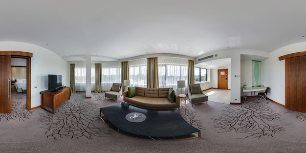 MINSK BIELORRUSIA AGOSTO DE 2017 Panorama de vista de ángulo de 360 grados sin fisuras en el salón interior de la habitación con muebles en un hotel moderno en contenido de VR de proyección esférica equirectangular