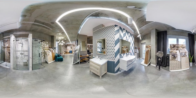 MINSK BIELORRUSIA MAYO DE 2019 Ángulo de 360 panorama de hdri completo y transparente en el interior de la sala de exposición de la tienda de plomería de élite en contenido de proyección esférica equirectangular VR