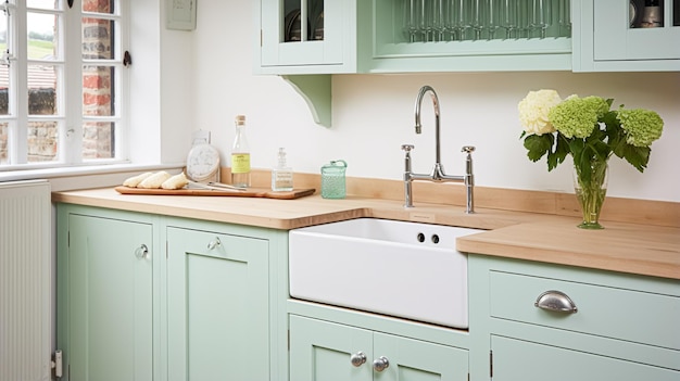 Mint cottage cozinha design de interiores decoração de casa e melhoria da casa inglês em armários de cozinha em uma casa de campo