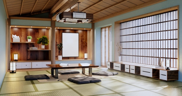 Mint empty grande salão ásia sala de limpeza interior estilo zen renderização em 3d