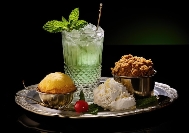 Un Mint Julep acompañado de un plato de entremeses al estilo sureño.