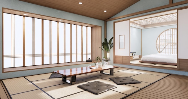 Mint Wohnzimmer Japan tropisches minimalistisches Design.3D-Rendering