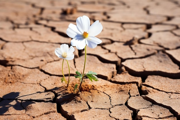 Minúscula flor branca rompendo a terra rachada seca generativa Ai