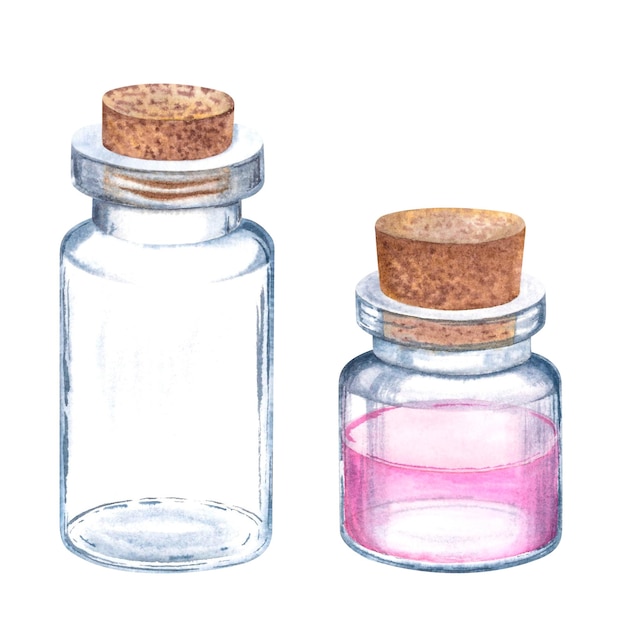 Minúsculas botellas de vidrio transparente con tapones de madera Ilustración a acuarela pintada a mano de pequeños viales