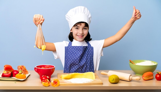 Minúsculo mestre culinário Pequeno cozinheiro em avental e chapéu de chef preparando deleites deliciosos uma culinária