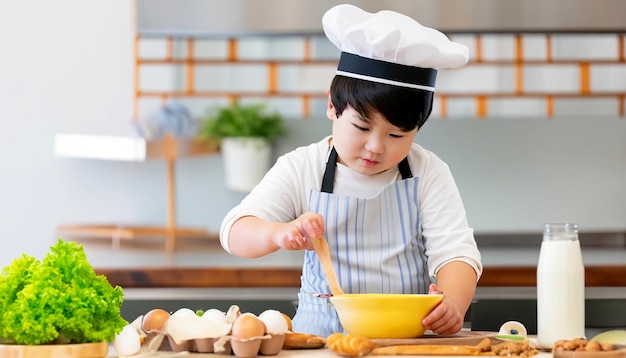 Minúsculo mestre culinário Pequeno cozinheiro em avental e chapéu de chef preparando deleites deliciosos uma culinária