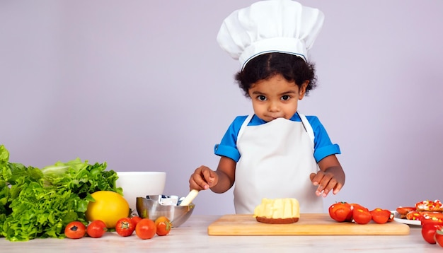 Minúsculo mestre culinário Pequeno cozinheiro em avental e chapéu de chef preparando deleites deliciosos uma culinária