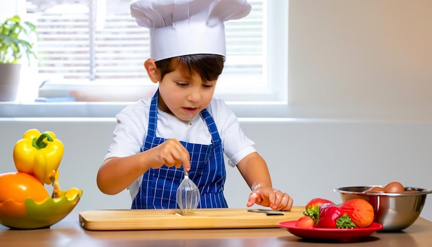 Minúsculo mestre culinário Pequeno cozinheiro em avental e chapéu de chef preparando deleites deliciosos uma culinária